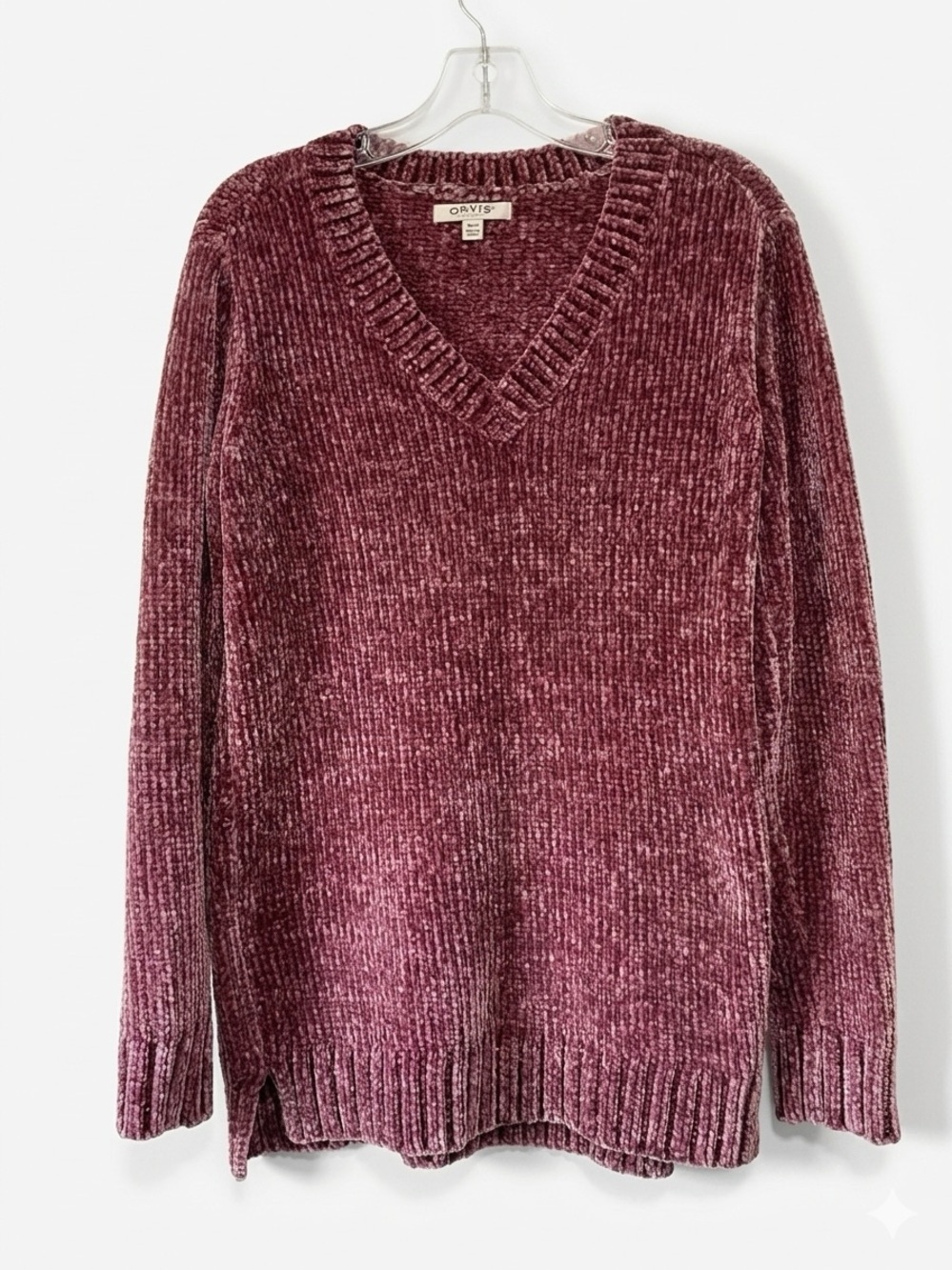 Orvis Women Chenille V-Neck Sweater M Ribbed Knit Plum Purple Pullover Boho Cozy